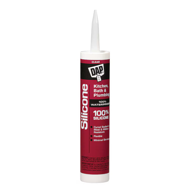 DAP CLEAR KITCHEN & BATH 100% SILICONE 9.8-oz by DAP is a waterproof, mold and mildew resistant sealant—ideal for plumbing, kitchen, or bath projects. Features a pointed nozzle and red and white label for easy application.